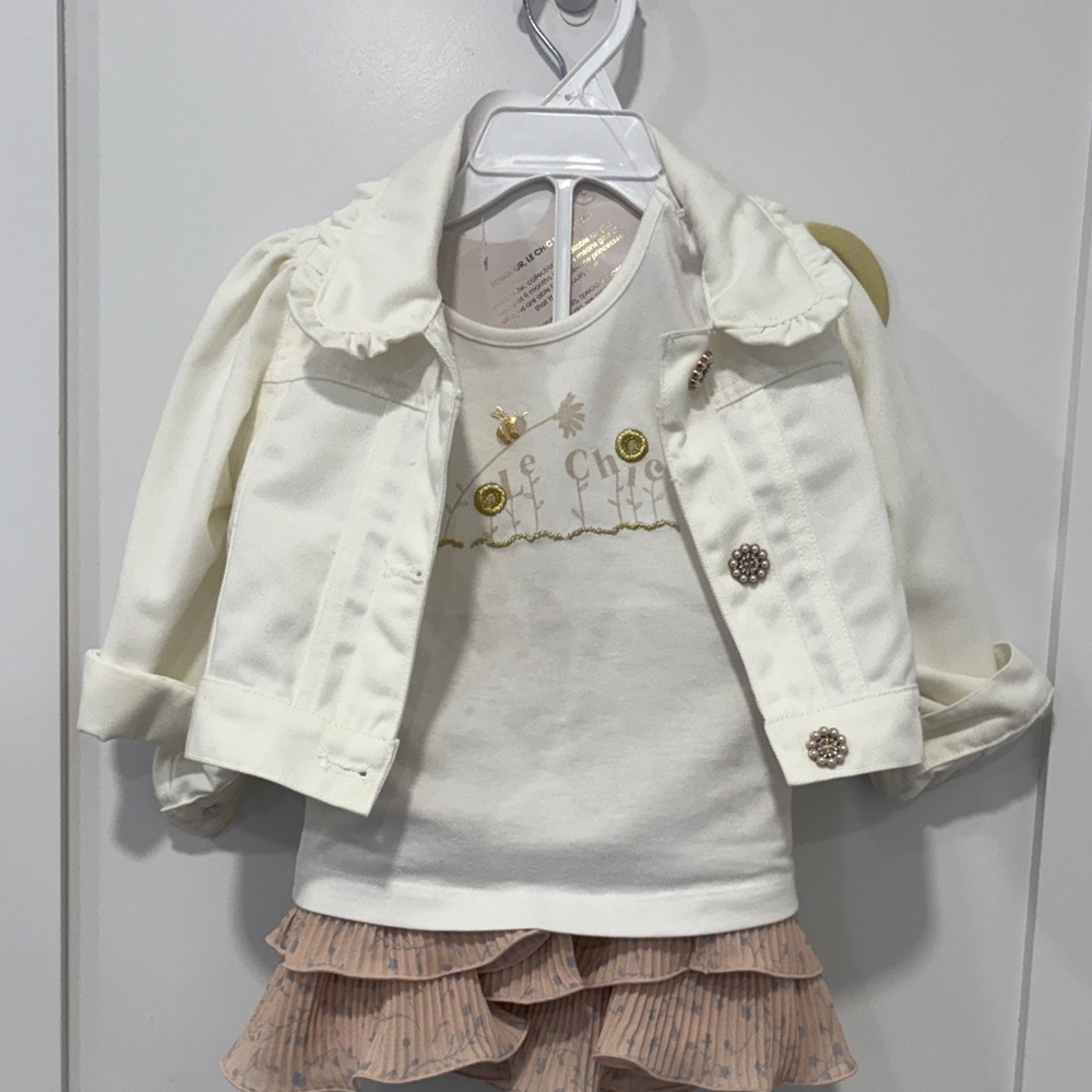 White Girls' Ruffle Jacket & Top Set - Cream White
